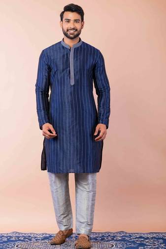 navy blue dupion kurta pyjama set for men with solid design