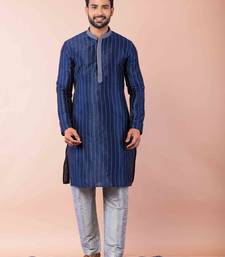 navy blue dupion kurta pyjama set for men with solid design