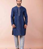 navy blue dupion kurta pyjama set for men with solid design