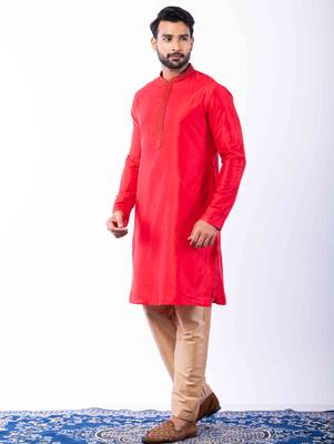 red dupion kurta pyjama set for men with printed design 2