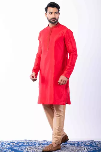 red dupion kurta pyjama set for men with printed design