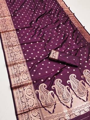Wine soft banarasi silk blend  saree with self weaving design zari weaving pallu and blouse 3