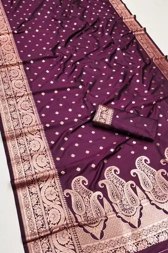 Wine soft banarasi silk blend  saree with self weaving design zari weaving pallu and blouse