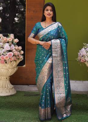 Sea green  soft banarasi silk blend  saree with self weaving design zari weaving pallu and blouse 2