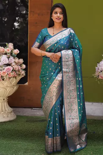 Sea green  soft banarasi silk blend  saree with self weaving design zari weaving pallu and blouse