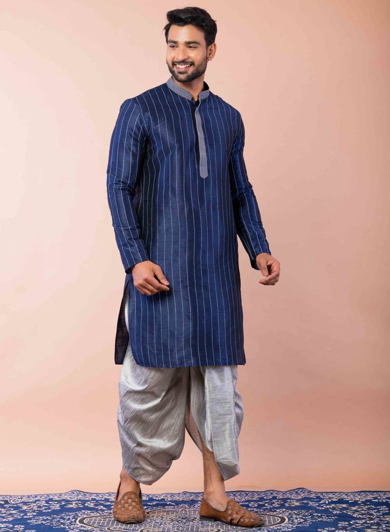 navy blue  kurta dhoti  set for men with embroidered work