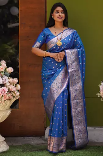 Blue  soft banarasi silk blend  saree with self weaving design zari weaving pallu and blouse