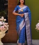 Blue  soft banarasi silk blend  saree with self weaving design zari weaving pallu and blouse
