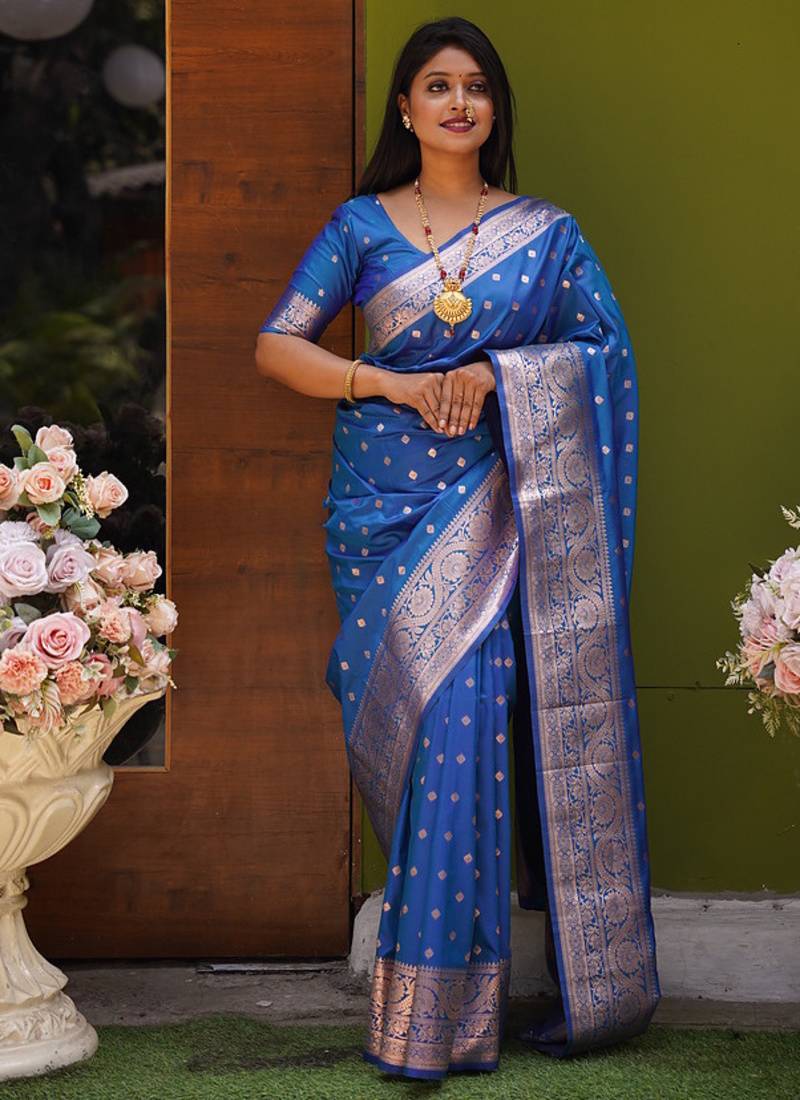 Blue  soft banarasi silk blend  saree with self weaving design zari weaving pallu and blouse