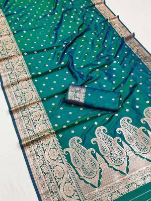 Sea green  soft banarasi silk blend  saree with self weaving design zari weaving pallu and blouse 3