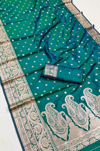 Sea green  soft banarasi silk blend  saree with self weaving design zari weaving pallu and blouse