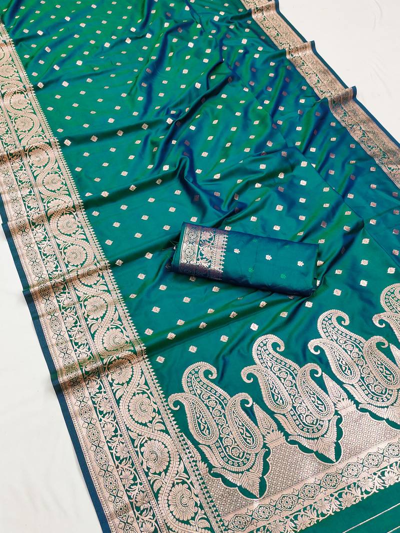 Sea green  soft banarasi silk blend  saree with self weaving design zari weaving pallu and blouse