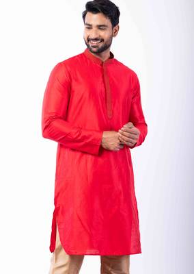 red dupion kurta pyjama set for men with printed design 3