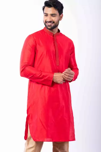 red dupion kurta pyjama set for men with printed design