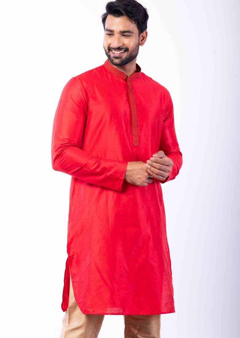 red dupion kurta pyjama set for men with printed design