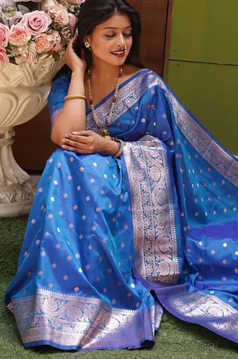 Blue  soft banarasi silk blend  saree with self weaving design zari weaving pallu and blouse