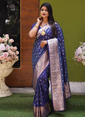 Blue  soft banarasi silk blend  saree with self weaving design zari weaving pallu and blouse 1