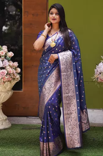 Blue  soft banarasi silk blend  saree with self weaving design zari weaving pallu and blouse