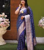 Blue  soft banarasi silk blend  saree with self weaving design zari weaving pallu and blouse