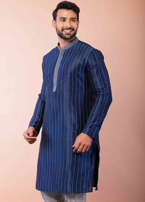 navy blue dupion kurta pyjama set for men with solid design 3