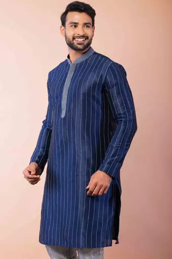 navy blue dupion kurta pyjama set for men with solid design