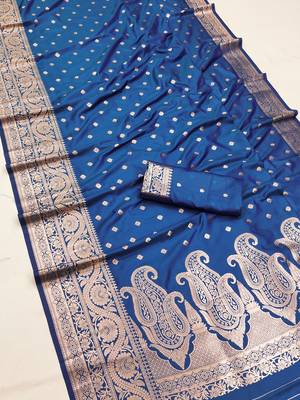 Blue  soft banarasi silk blend  saree with self weaving design zari weaving pallu and blouse 3