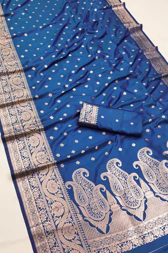 Blue  soft banarasi silk blend  saree with self weaving design zari weaving pallu and blouse