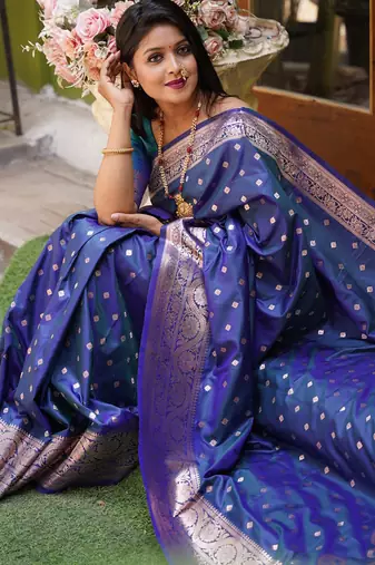 Blue  soft banarasi silk blend  saree with self weaving design zari weaving pallu and blouse