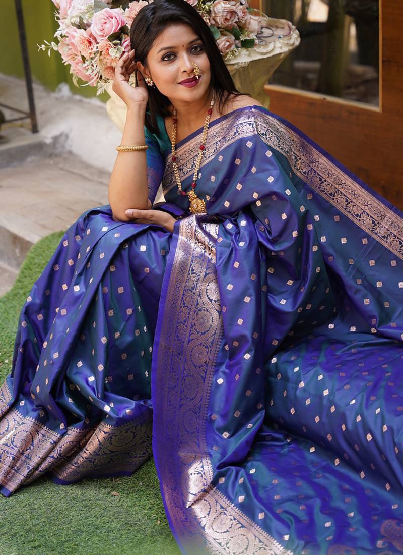 Blue  soft banarasi silk blend  saree with self weaving design zari weaving pallu and blouse