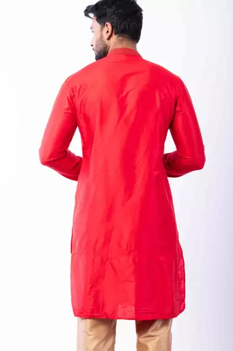 red dupion kurta pyjama set for men with printed design