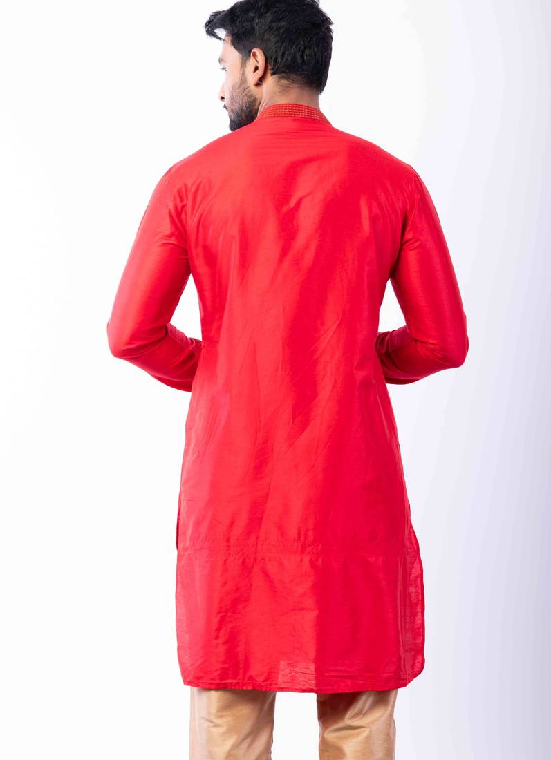 red dupion kurta pyjama set for men with printed design