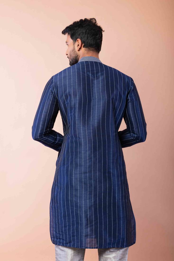 navy blue dupion kurta pyjama set for men with solid design