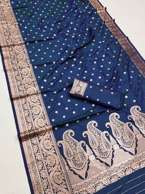 Blue  soft banarasi silk blend  saree with self weaving design zari weaving pallu and blouse 3