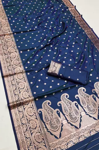 Blue  soft banarasi silk blend  saree with self weaving design zari weaving pallu and blouse