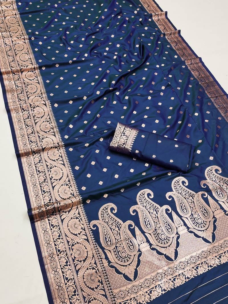 Blue  soft banarasi silk blend  saree with self weaving design zari weaving pallu and blouse
