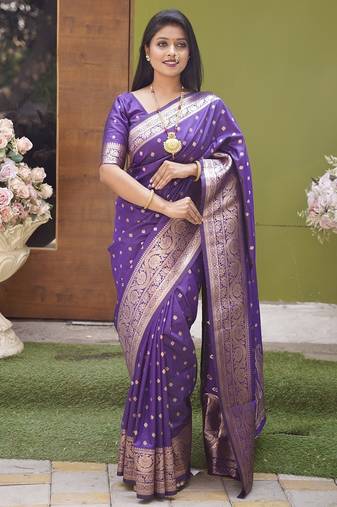 Violet soft banarasi silk blend  saree with self weaving design zari weaving pallu and blouse