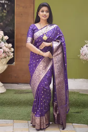 Violet soft banarasi silk blend  saree with self weaving design zari weaving pallu and blouse