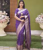 Violet soft banarasi silk blend  saree with self weaving design zari weaving pallu and blouse