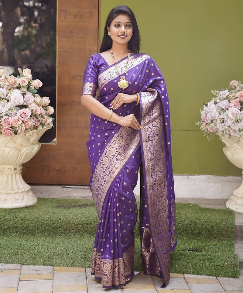 Violet soft banarasi silk blend  saree with self weaving design zari weaving pallu and blouse
