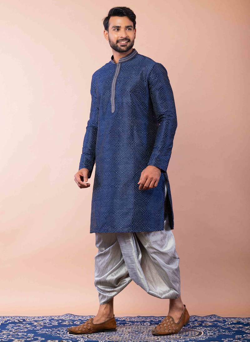navy blue  kurta dhoti  set for men with embroidered work