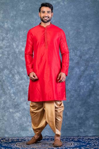 red dupion kurta dhoti  set for men with embroidered work