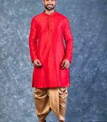 red dupion kurta dhoti  set for men with embroidered work