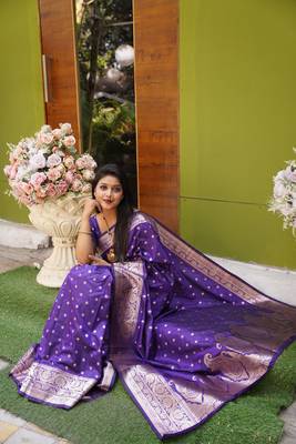 Violet soft banarasi silk blend  saree with self weaving design zari weaving pallu and blouse 2