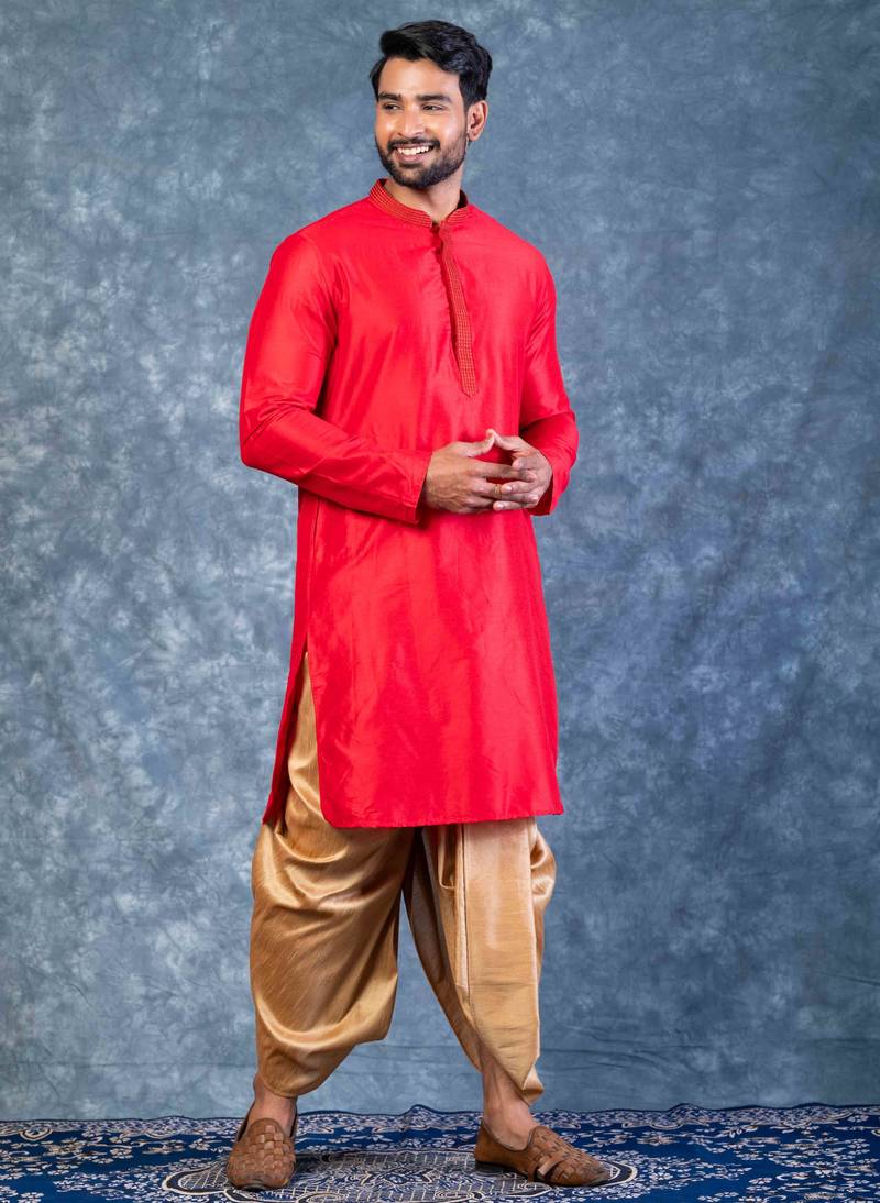 red dupion kurta dhoti  set for men with embroidered work
