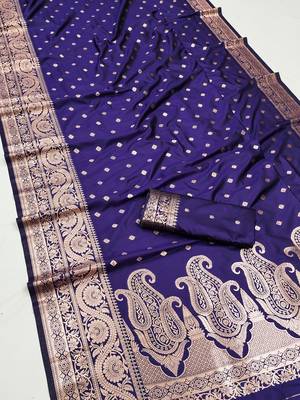 Violet soft banarasi silk blend  saree with self weaving design zari weaving pallu and blouse 3