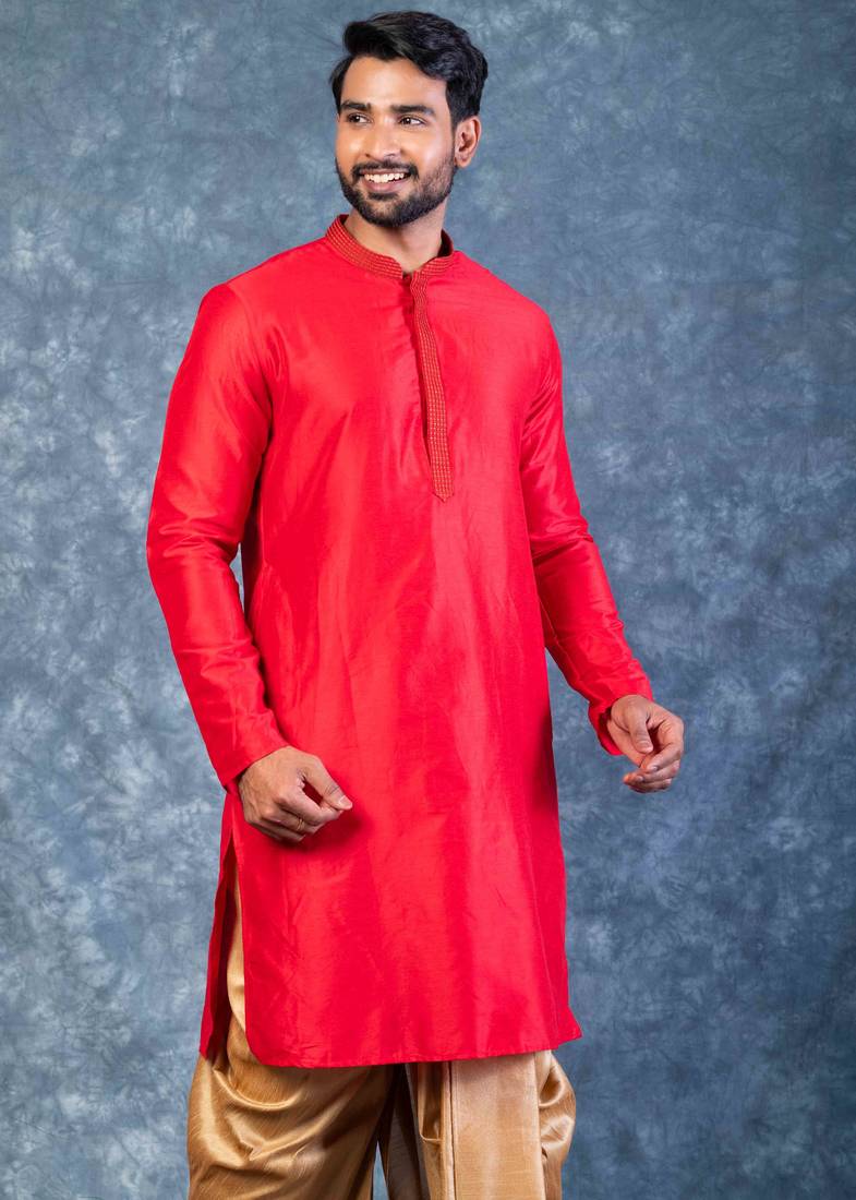 red dupion kurta dhoti  set for men with embroidered work