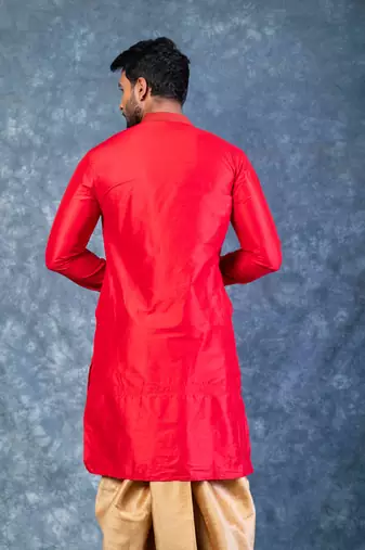 red dupion kurta dhoti  set for men with embroidered work