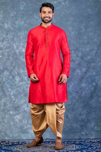 red dupion kurta dhoti  set for men with embroidered work