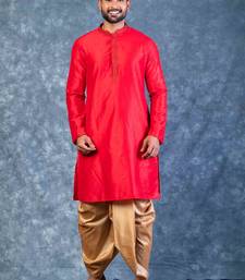 red dupion kurta dhoti  set for men with embroidered work