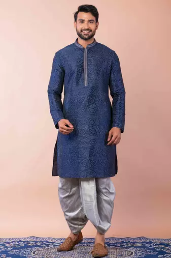 navy blue  kurta dhoti  set for men with embroidered work